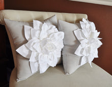 Load image into Gallery viewer, Two Decorative Pillows Flower Pillows -White Dahlias on Gray Pillows 14 X 14 Toss Pillow Throw Pillows - Daisy Manor
