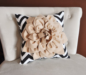 Taupe Flower on Black Chevron Pillow - Daisy Manor
