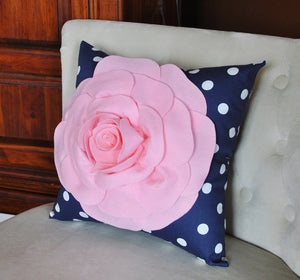 Rose Pillow Light Pink Flower on Navy and White Polka Dot Pillow 14x14 Flower Pillow - Daisy Manor