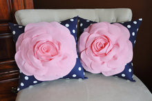 Load image into Gallery viewer, Set Of Two Decorative Rose Pillows -Light Pink Roses on Navy and White Polka Dot Pillows 14 X 14 - Daisy Manor
