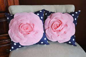 Set Of Two Decorative Rose Pillows -Light Pink Roses on Navy and White Polka Dot Pillows 14 X 14 - Daisy Manor