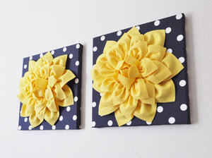 Two Yellow Dahlia Flowers on Navy and White Polka Dot 12 x12" Canvases - Daisy Manor