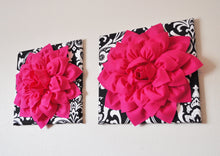 Load image into Gallery viewer, Hot Pink Wall Hanging -Hot Pink Dahlia on Black and White Damask Print 12 x12&quot; Canvas Wall Art- Baby Nursery Wall Decor- - Daisy Manor
