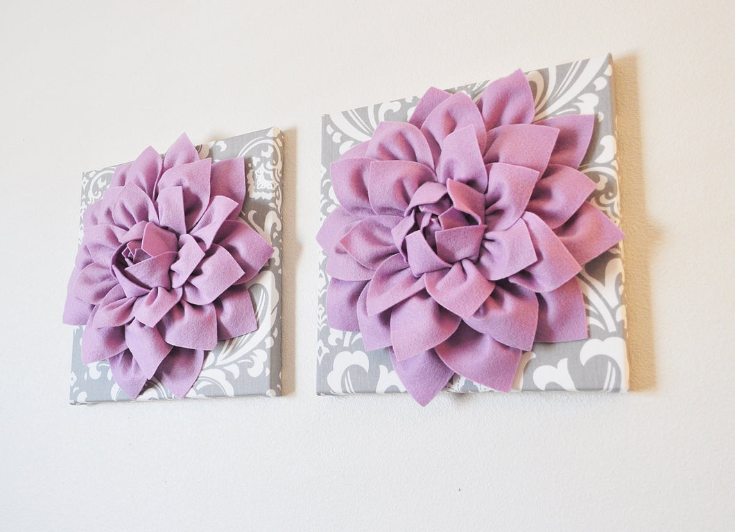 Two Wall Flowers -Lilac Purple Dahlia on Gray and White Damask 12 x12