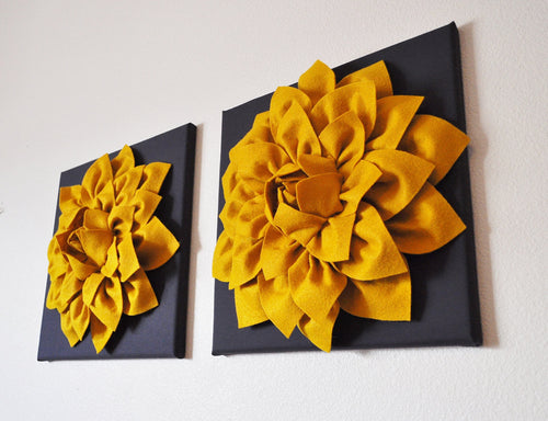 Two Flower Wall Hangings -Mustard Dahlia on Charcoal 12 x12