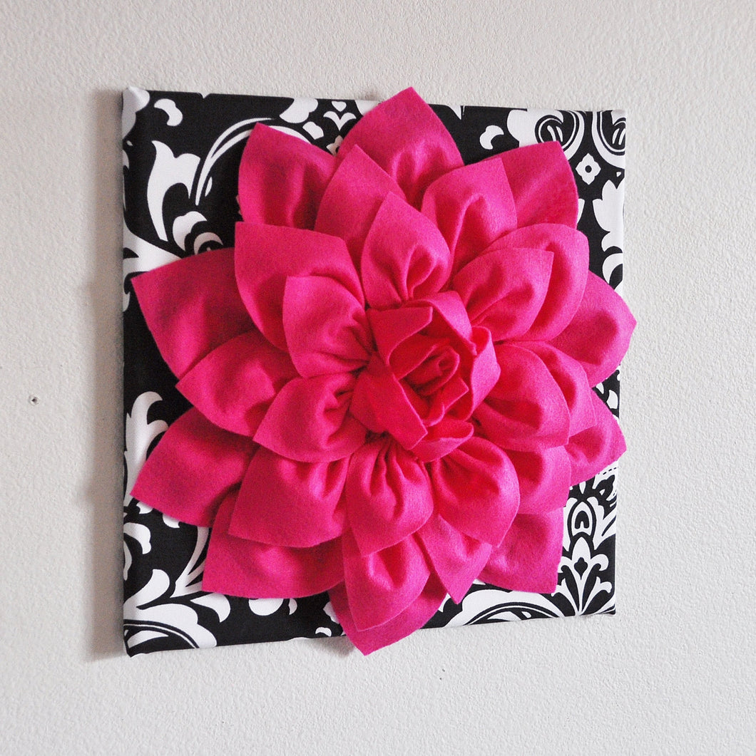 Hot Pink Wall Hanging -Hot Pink Dahlia on Black and White Damask Print 12 x12