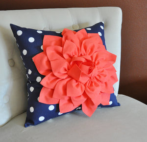 Pink Dahlia on Gray and White Polka Dot Pillow -Baby Nursery Pillow- Toss Pillow Decorative Pillow - Daisy Manor