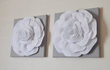 Load image into Gallery viewer, Two Rose Wall Hangings -White Rose on Solid Light Gray 12 x12&quot; Canvases Wall Art- 3D Felt Flower - Daisy Manor
