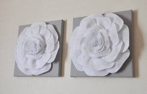 Two Rose Wall Hangings -White Rose on Solid Light Gray 12 x12" Canvases Wall Art- 3D Felt Flower - Daisy Manor