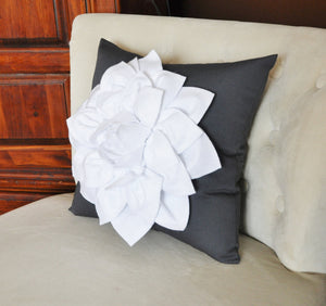 White Dahlia Flower on Charcoal Gray Pillow Accent Pillow Throw Pillow Toss Pillow - Daisy Manor