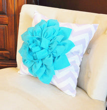 Load image into Gallery viewer, Light Turquoise Dahlia on Lilac and White Zigzag Pillow -Chevron Pillow- - Daisy Manor
