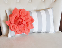 Load image into Gallery viewer, Stripe Lumbar Pillow Coral Dahlia on Gray and White Striped Lumbar Pillow 9 x 16 - Daisy Manor
