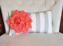 Load image into Gallery viewer, Stripe Lumbar Pillow Coral Dahlia on Gray and White Striped Lumbar Pillow 9 x 16 - Daisy Manor

