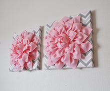 Load image into Gallery viewer, Two Wall Flower Decor -Light Pink Dahlia on Pink and Gray Chevron 12 x12&quot; Canvas Wall Art- Baby Nursery Wall Decor- - Daisy Manor
