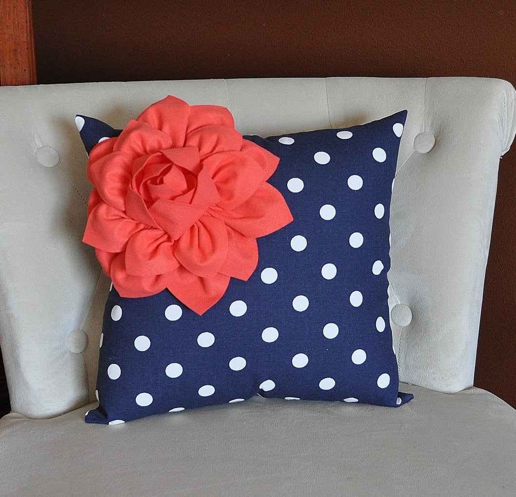 Coral Flower on Navy and White Polka Dot Pillow 14 X 14 Chevron