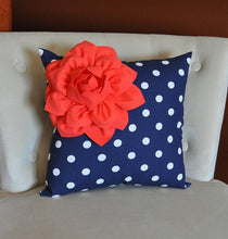 Load image into Gallery viewer, Coral Flower on Navy and White Polka Dot Pillow 14 X 14 - Chevron Flower Pillow - Zig Zag Pillows -Corner Dahlia Pillow - Daisy Manor
