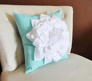 White Dahlia Flower on Bright Aqua Pillow -Decorative Aqua Blue Pillow- - Daisy Manor