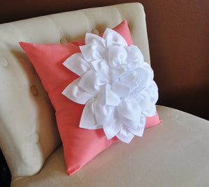 White Dahlia Flower on Coral Pink Pillow Accent Pillow Throw Pillow Toss Pillow - Daisy Manor