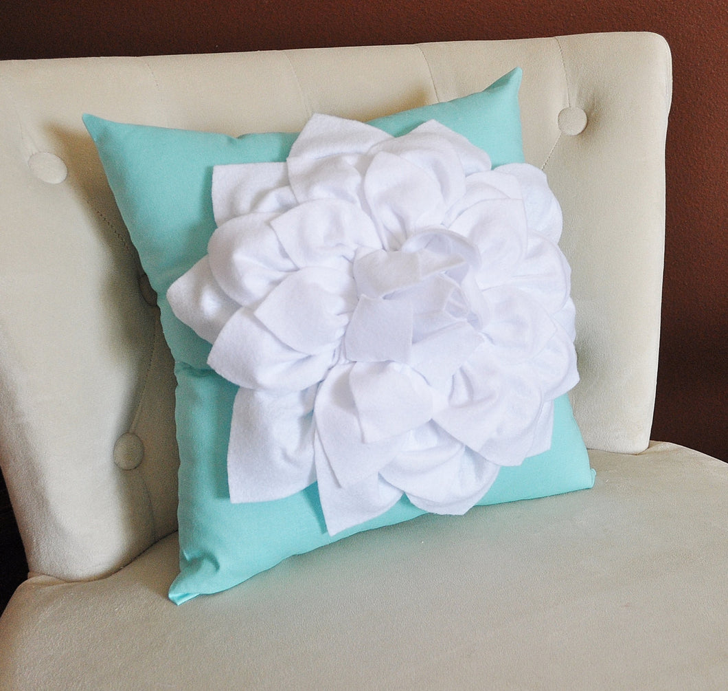 White Dahlia Flower on Bright Aqua Pillow -Decorative Aqua Blue Pillow- - Daisy Manor