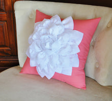 Load image into Gallery viewer, White Dahlia Flower on Coral Pink Pillow Accent Pillow Throw Pillow Toss Pillow - Daisy Manor
