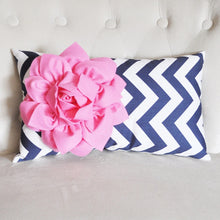 Load image into Gallery viewer, Pink Flower on Navy Chevron Lumbar Pillow - Daisy Manor
