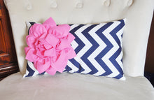 Load image into Gallery viewer, Pink Flower on Navy Chevron Lumbar Pillow - Daisy Manor
