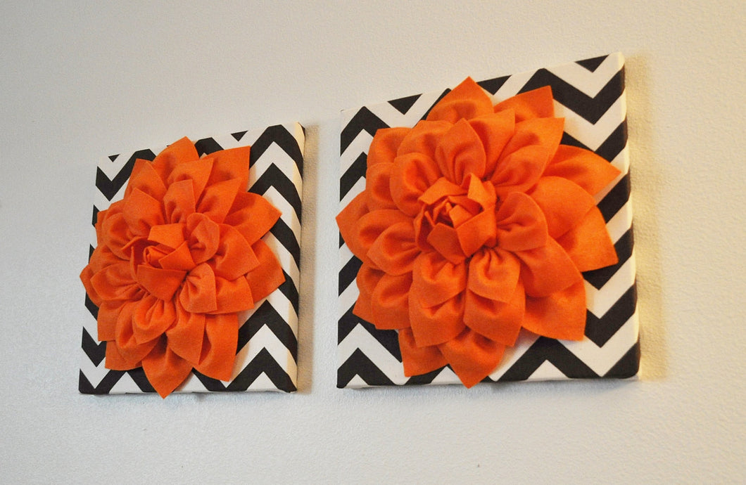 Two Wall Flowers -Pumpkin Orange Dahlia on Brown and Natural Chevron 12 x12