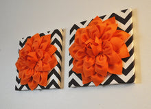 Load image into Gallery viewer, Two Wall Flowers -Pumpkin Orange Dahlia on Brown and Natural Chevron 12 x12&quot; Canvas Wall Hangings- 3D Felt Flower - Daisy Manor

