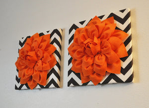 Two Wall Flowers -Pumpkin Orange Dahlia on Brown and Natural Chevron 12 x12" Canvas Wall Hangings- 3D Felt Flower - Daisy Manor