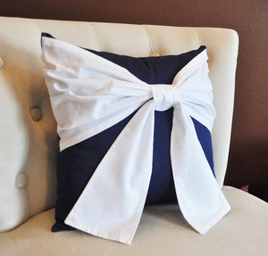 Throw Pillow White Bow on Navy Pillow 14x14 -Navy and White Pillow- Decorative Pillow- - Daisy Manor