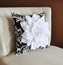 Load image into Gallery viewer, White Dahlia Flower on Black and White Stripe Pillow - Daisy Manor
