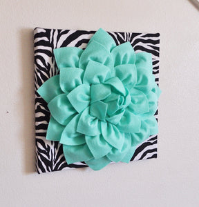 TWO Mint Green Dahlia Flowers on Black and White Zebra Print Canvases - Daisy Manor