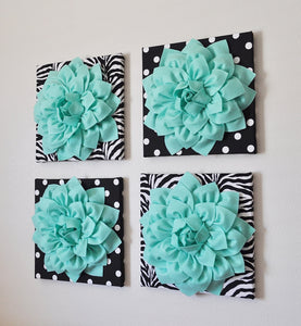 Wall Decor -Set Of Four Mint Dahlias on Black and White Prints 12 x12" Canvases Wall Art- - Daisy Manor