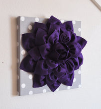 Load image into Gallery viewer, Two Deep Purple Dahlia on Gray and White Polka Dot 12 x12&quot; Canvas Wall Art - Daisy Manor
