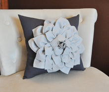 Load image into Gallery viewer, Gray Decorative Pillow. Gray Dahlia Flower on Charcoal Grey Pillow. Made to Order. - Daisy Manor

