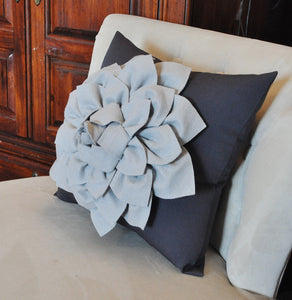 Gray Decorative Pillow. Gray Dahlia Flower on Charcoal Grey Pillow. Made to Order. - Daisy Manor