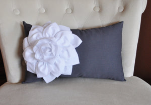Grey Pillows - White Dahlia on Charcoal Gray Lumbar Pillow - Decorative Pillow - - Daisy Manor