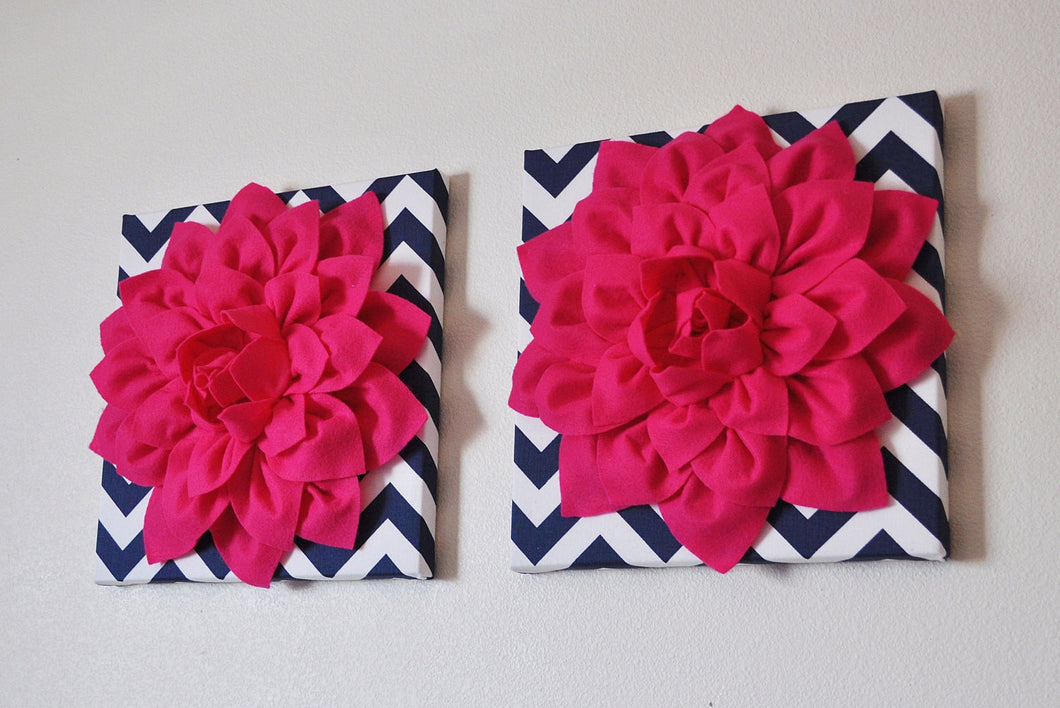 Two Wall Flowers -Hot Pink Dahlia on Navy and White Chevron 12 x12