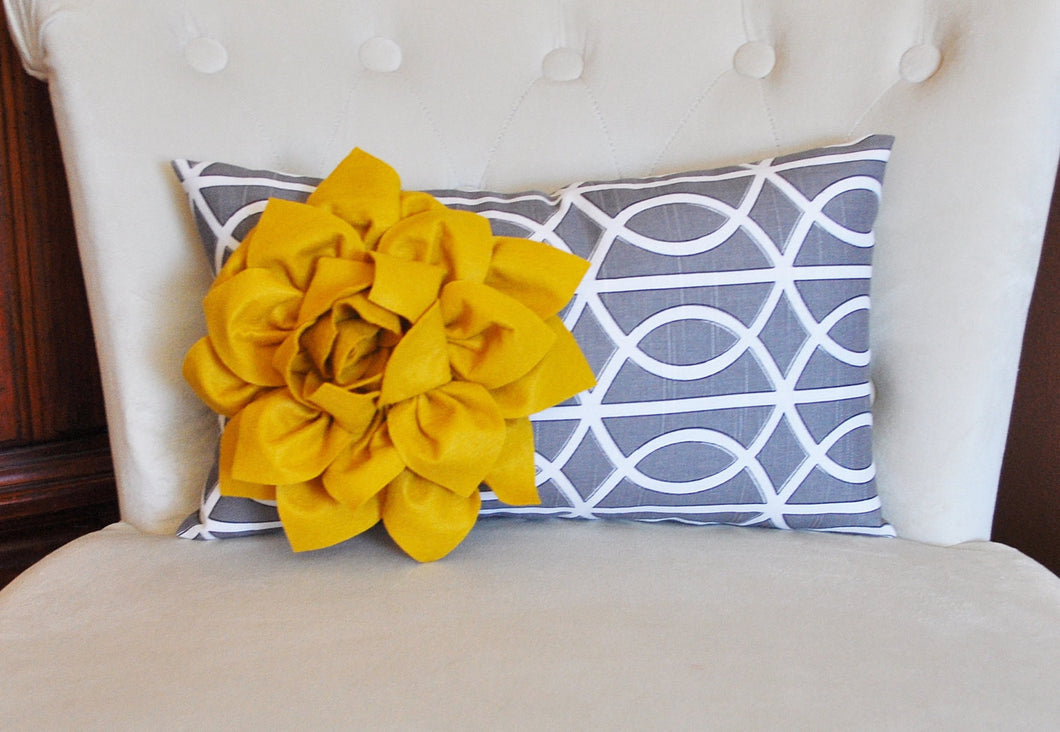 Decorative Throw Pillows - Mustard Dahlia on Charcoal Gray Porta Bella Print Lumbar Pillow -Lattice Decorative Pillow- - Daisy Manor