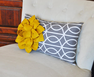 Decorative Throw Pillows - Mustard Dahlia on Charcoal Gray Porta Bella Print Lumbar Pillow -Lattice Decorative Pillow- - Daisy Manor