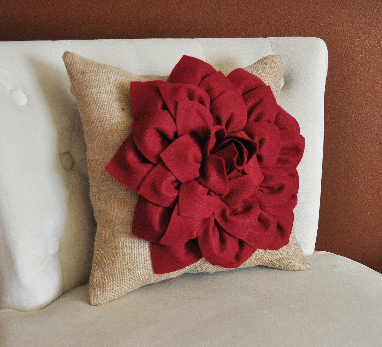 Decorative Throw Pillow Accent Pillow Ruby Red Dahlia on Burlap Pill Daisy Manor