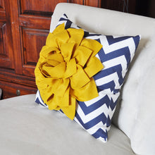 Load image into Gallery viewer, Gold and Navy Pillow. Flower. Chevron. Home Decor. - Daisy Manor

