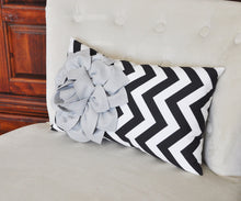 Load image into Gallery viewer, Decorative Lumbar Pillow Gray Dahlia on Black  and White Zig Zag Chevron Lumbar Pillow 9 x 16 - Daisy Manor
