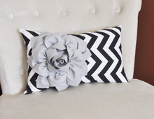 Load image into Gallery viewer, Decorative Lumbar Pillow Gray Dahlia on Black  and White Zig Zag Chevron Lumbar Pillow 9 x 16 - Daisy Manor
