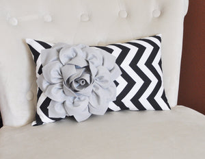 Decorative Lumbar Pillow Gray Dahlia on Black  and White Zig Zag Chevron Lumbar Pillow 9 x 16 - Daisy Manor