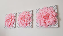 Load image into Gallery viewer, Three Light Pink Dahlia on Pink and Gray Chevron Canvases - Daisy Manor
