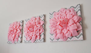 Three Light Pink Dahlia on Pink and Gray Chevron Canvases - Daisy Manor