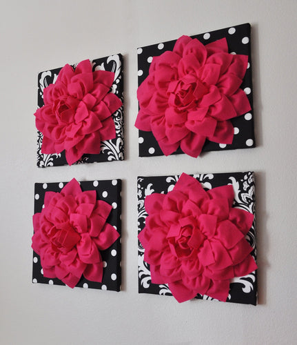 Hot Pink Dahlia Decor on Black and White Print Canvases - Daisy Manor