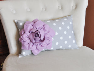 Decorative Lumbar Pillow Lilac Dahlia on Gray and White Polka Dot Lumbar Pillow 9 x 16 - Daisy Manor