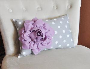 Decorative Lumbar Pillow Gray Dahlia on Light Pink and White Polka Dot Lumbar Pillow 9 x 16 - Daisy Manor
